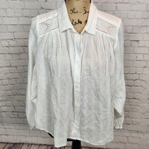 American Eagle White Cropped Balloon Sleeve Button Up Top Size L